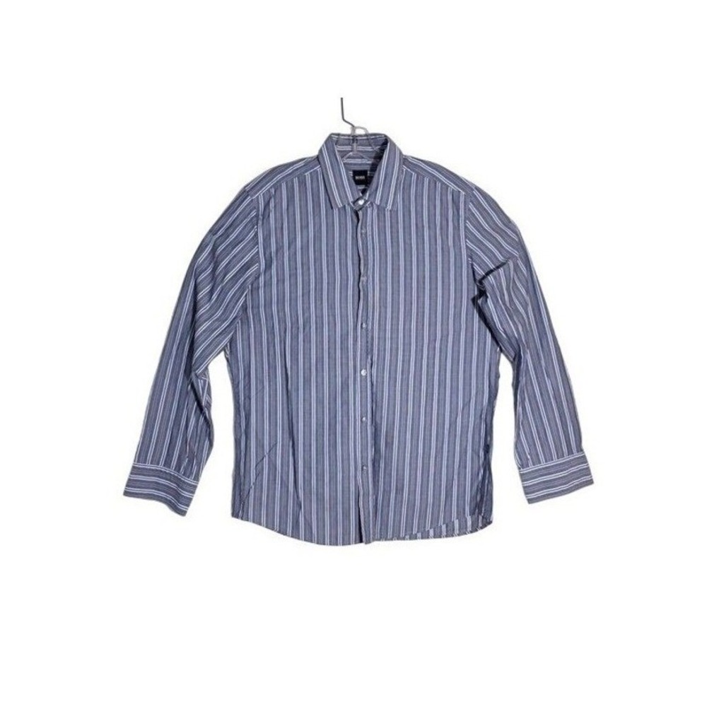 BOSS Hugo Boss Men's Long-Sleeved Slim Fit Grey-Blue Striped Dress Shirt EUC